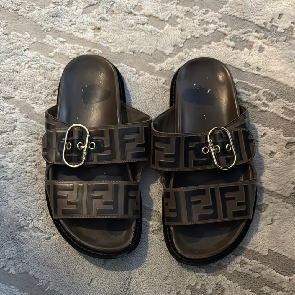 Fendi Dark Brown Logo Slide Sandals